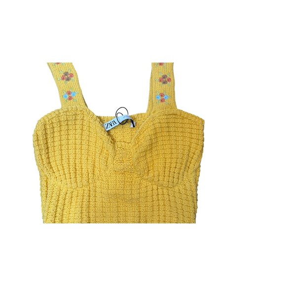 NWT ZARA Small Yellow Knit Crop Top W/ Floral Strap Dainty Detail Cotton - Picture 7 of 13